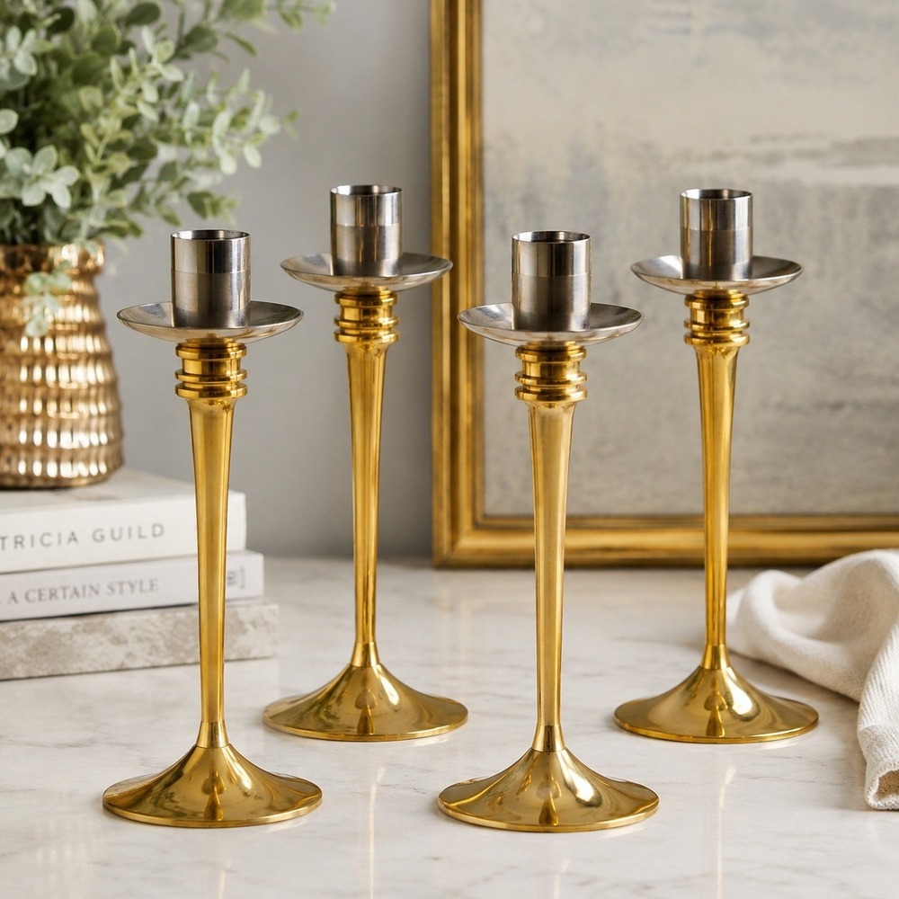 Vtg Scandia Guldgold Karlshamn Sweden 24K‎ Gold Plated Brass 4 Candlesticks  MCM